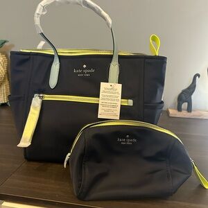 kate spade black nylon tote with neon yellow trim and light blue handles